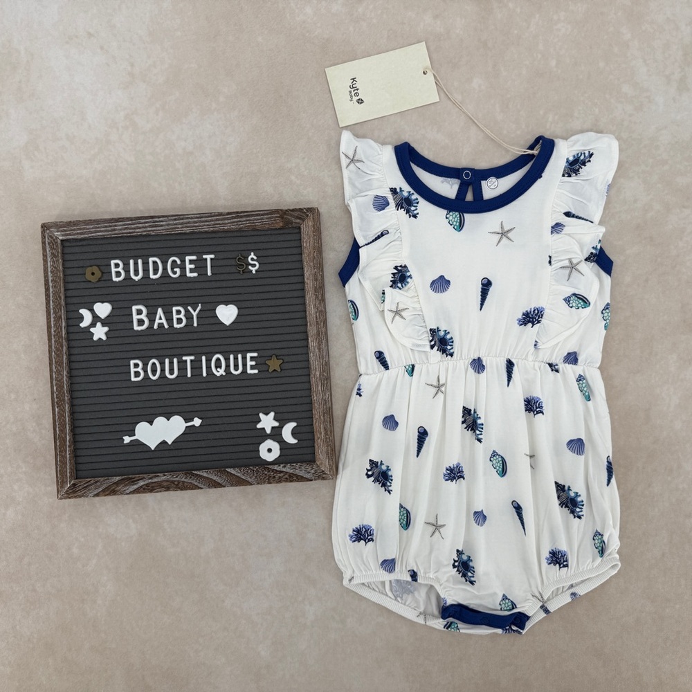 New Kyte BABY White and Blue Seashell Romper